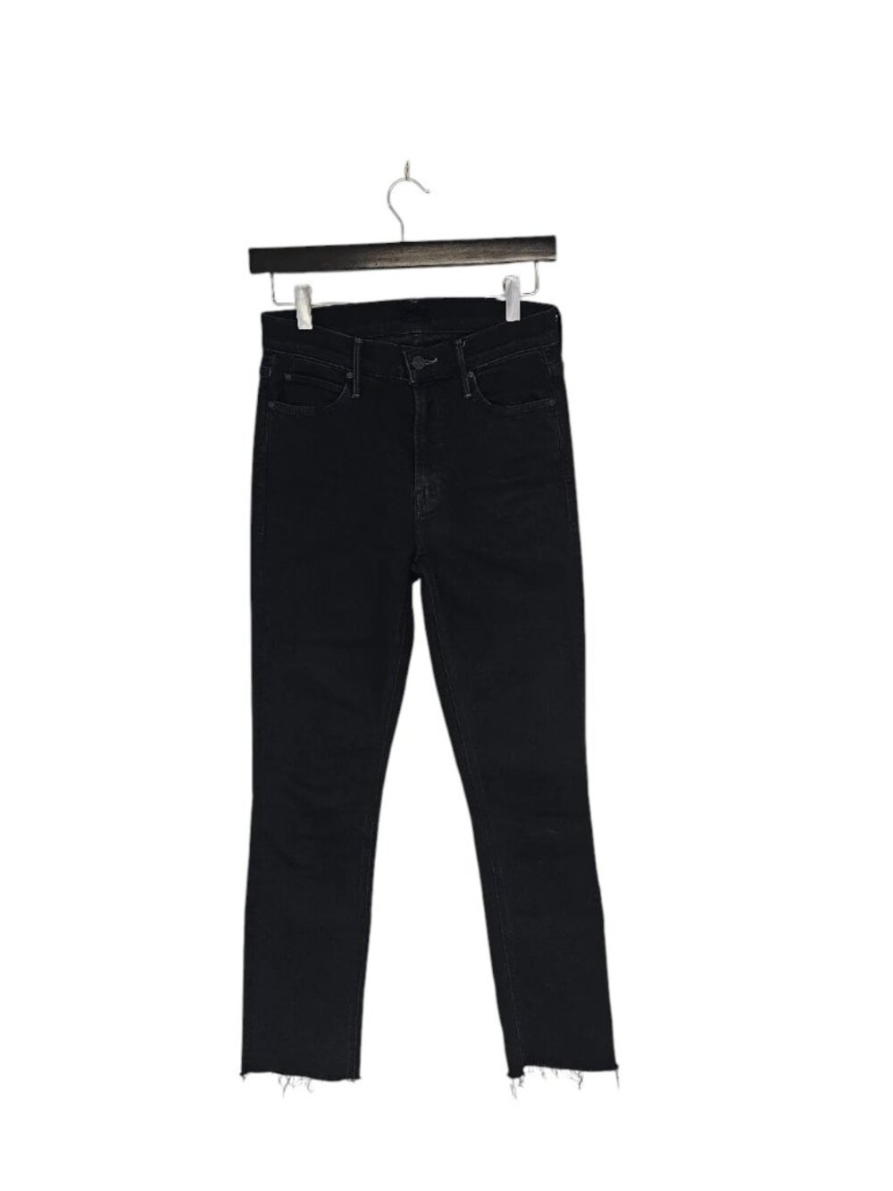MOTHER The Mid‎ Rise Dazzler Ankle Fray Straight Leg Dark Blue Holding Hand 26